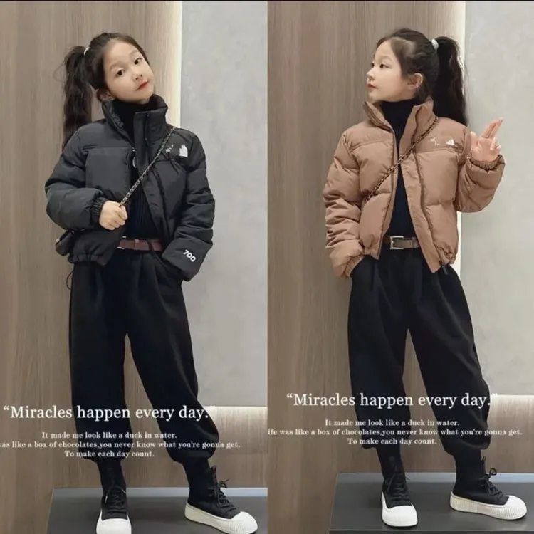 女童冬季短款外套2025新款网红中大童洋气面包服加绒哈伦裤套装