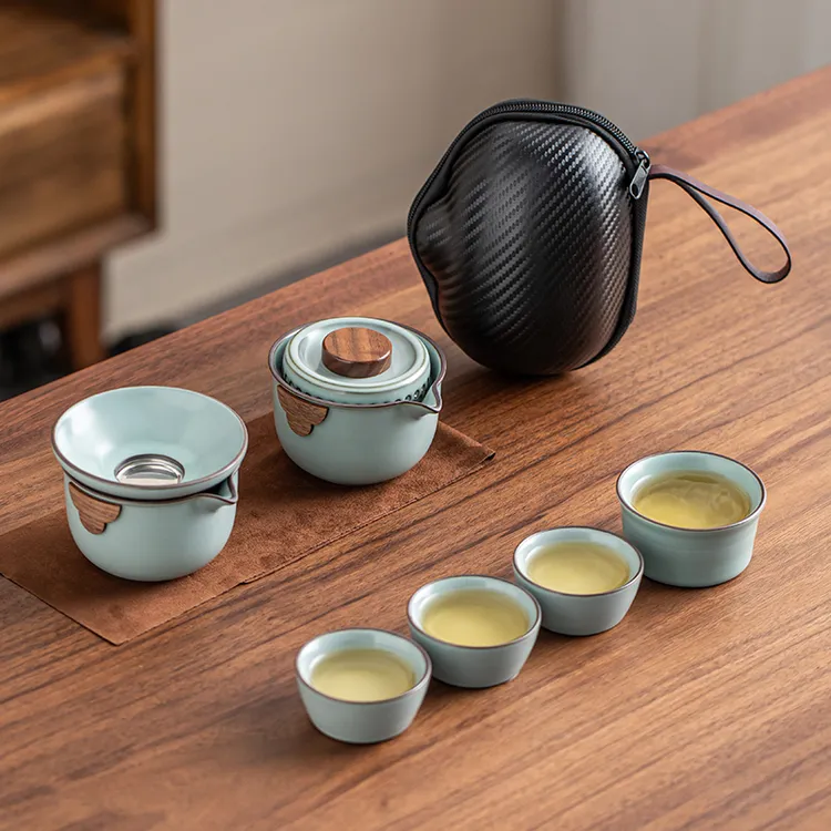 汝窑手抓壶旅行茶具便携式一人饮快客杯陶瓷防烫带公道杯茶漏整套