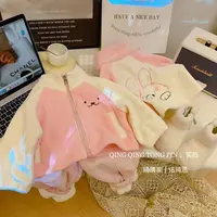 冬季儿童女宝加厚双面奥粒绒刺绣小兔外套防风保暖高领棒球服外套