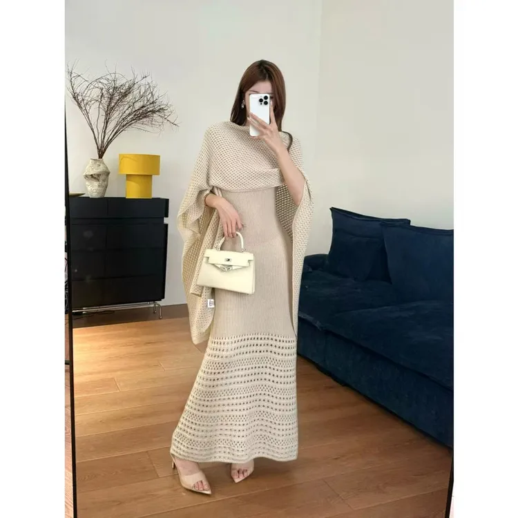 时尚气质开衫女人味两件套超重工钩花针织套装收腰显瘦长裙