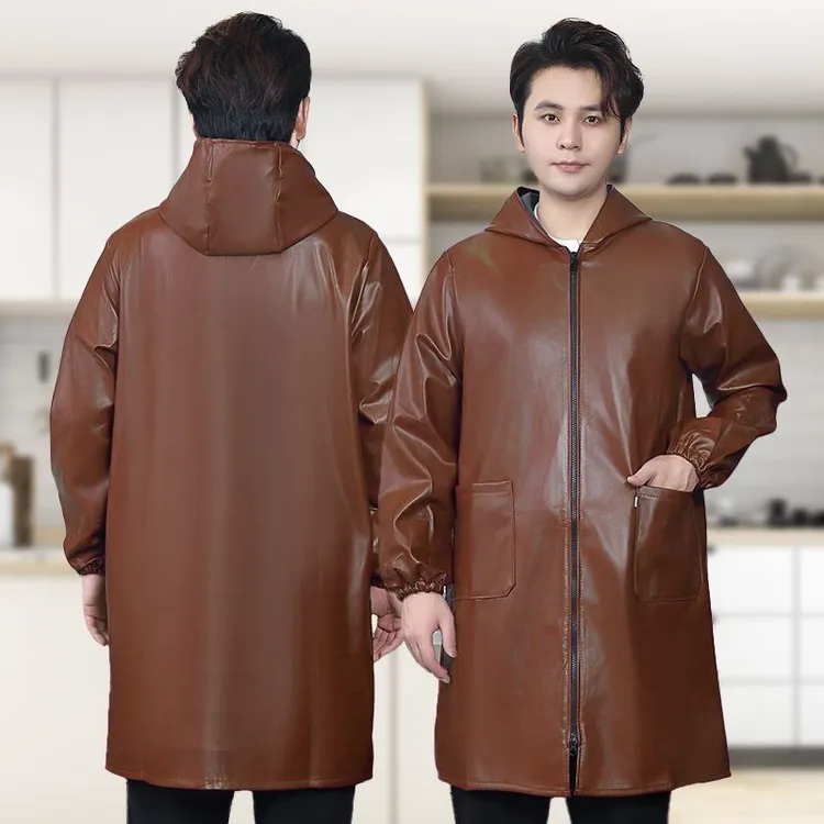 皮革PU防水防油厚罩衣大人男女时尚工作服厨房家用围裙长袖冬