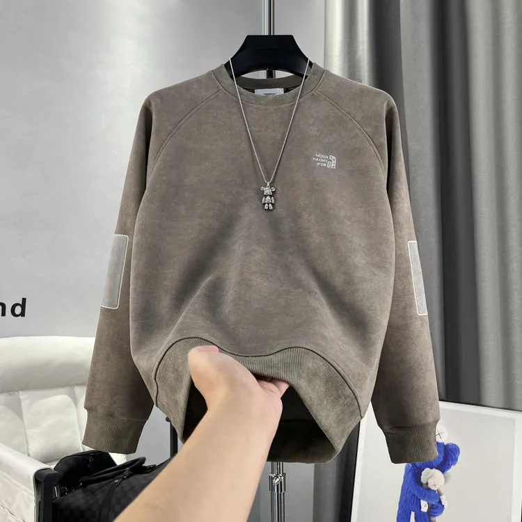 男士2025秋冬季美式休闲上衣男保暖精工刺绣套头拼接卫衣【9637】