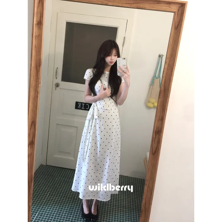 小野莓【波点画报】6月17短袖长款黑白波点收腰连衣裙子BL813135
