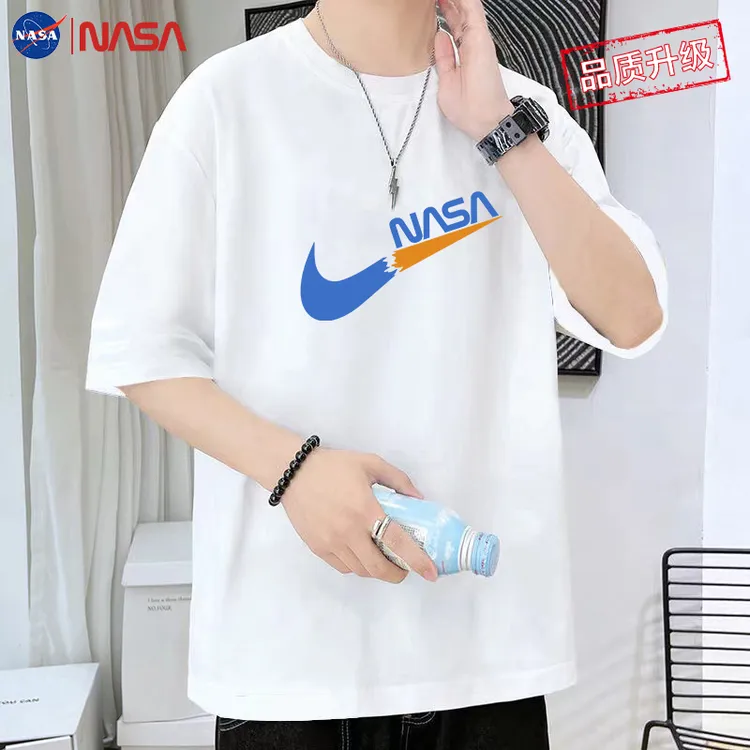 NASA三本针纯棉t恤短袖男2025新款夏全棉半袖青少年宽松男装白色t