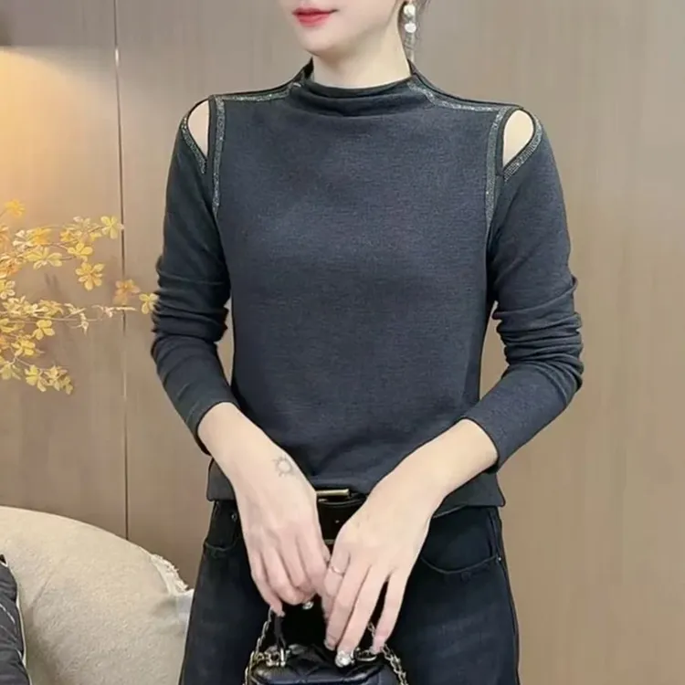 长袖T恤女2025秋冬新款打底衫半高领内搭高级感灰色修身洋气上衣