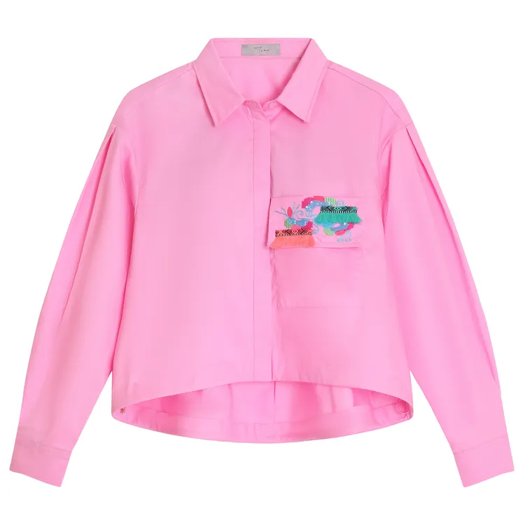 张静初她绽放刺绣衬衫粉色纯棉可爱长袖短款高级感上衣