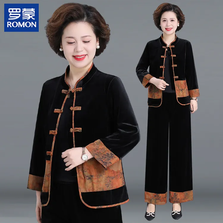 罗蒙妈妈装春季国风套装中年人中式金丝绒上衣中老年女春秋两件套