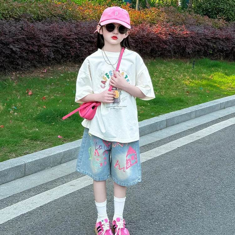 女童夏季2025新款洋气休闲宽松百搭印花短袖t恤牛仔短裤两件套潮