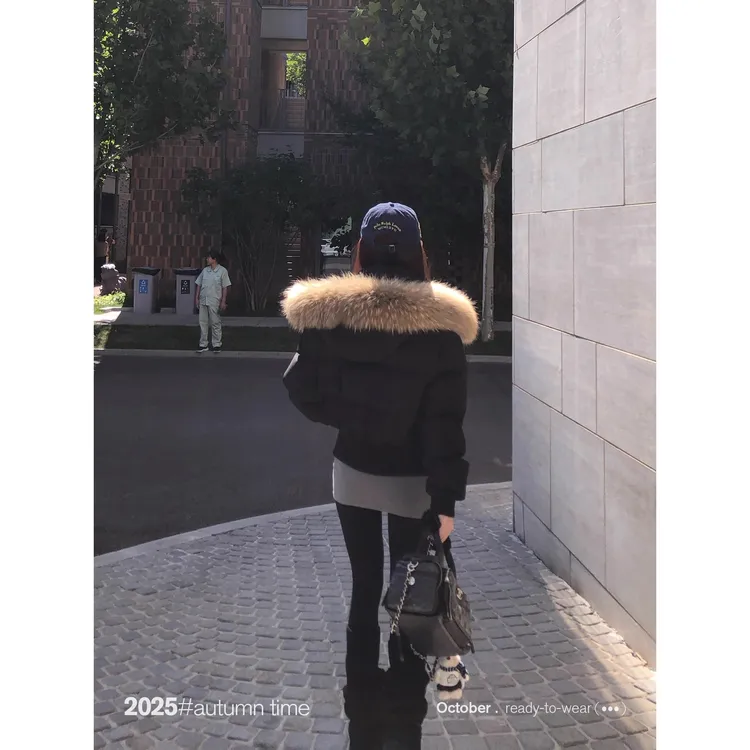 SUNOONE 黑色90白鸭绒貉子毛羽绒I服女冬季短款韩系加厚保暖外套