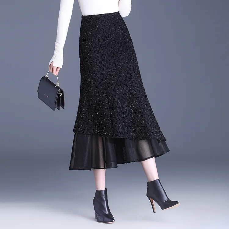 小香风鱼尾裙半身裙春秋款女高腰显瘦中长款网纱A字裙银丝包臀裙