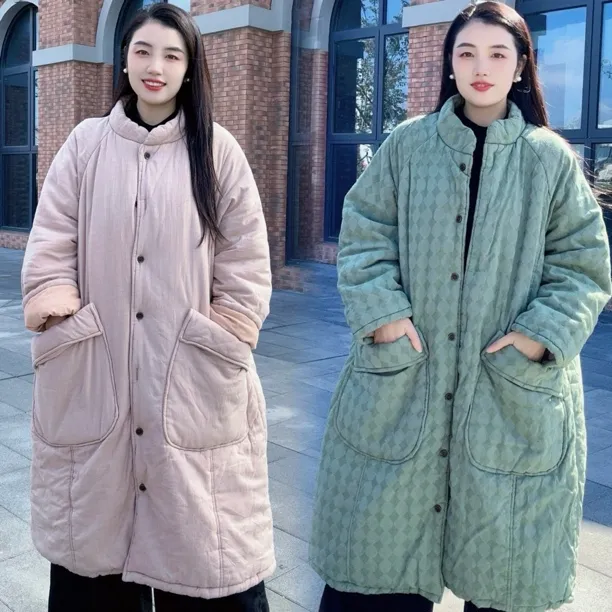 复古休闲宽松中长款羽丝棉服女冬季保暖夹棉棉衣外套女秋冬潮