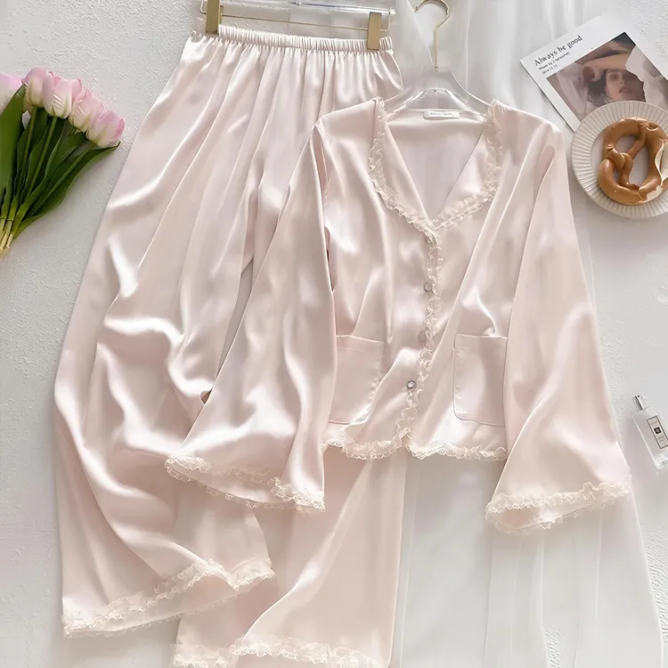甜美法式宫廷风冰丝绸缎睡衣女春秋长袖薄款蕾丝高级感家居服套装