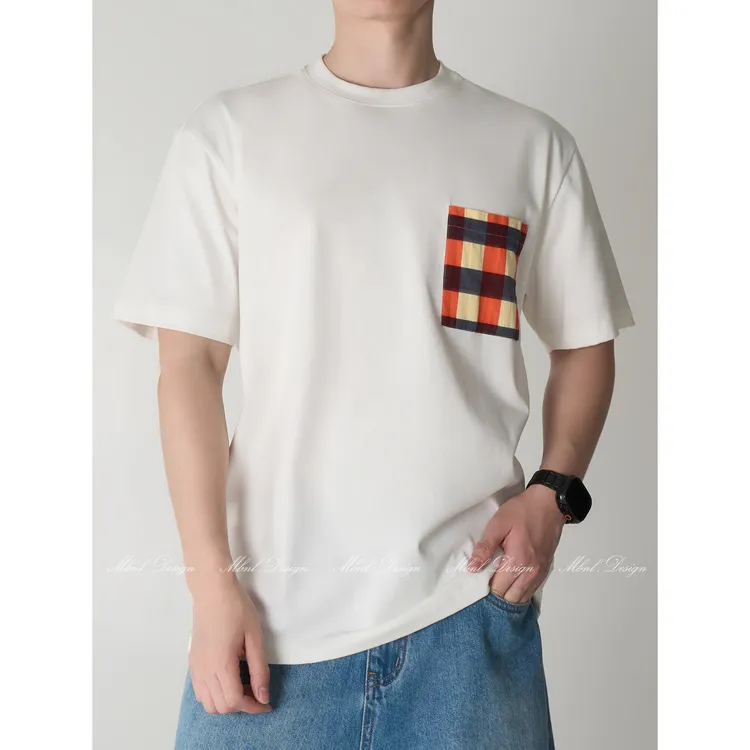 MBNL-F「格子彩色口袋」秦磊男装高克重纯棉圆领短袖T恤LL-SSY1016