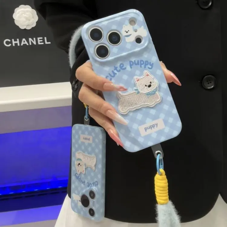 GGBond菱格刺绣小狗挂绳适用苹果1716菲林手机壳华为vivo小米oppo