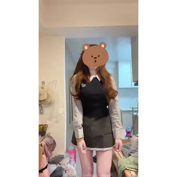 韩系条纹拼接假两件Polo领毛衣女春秋学院风修身短款上衣裙子套装