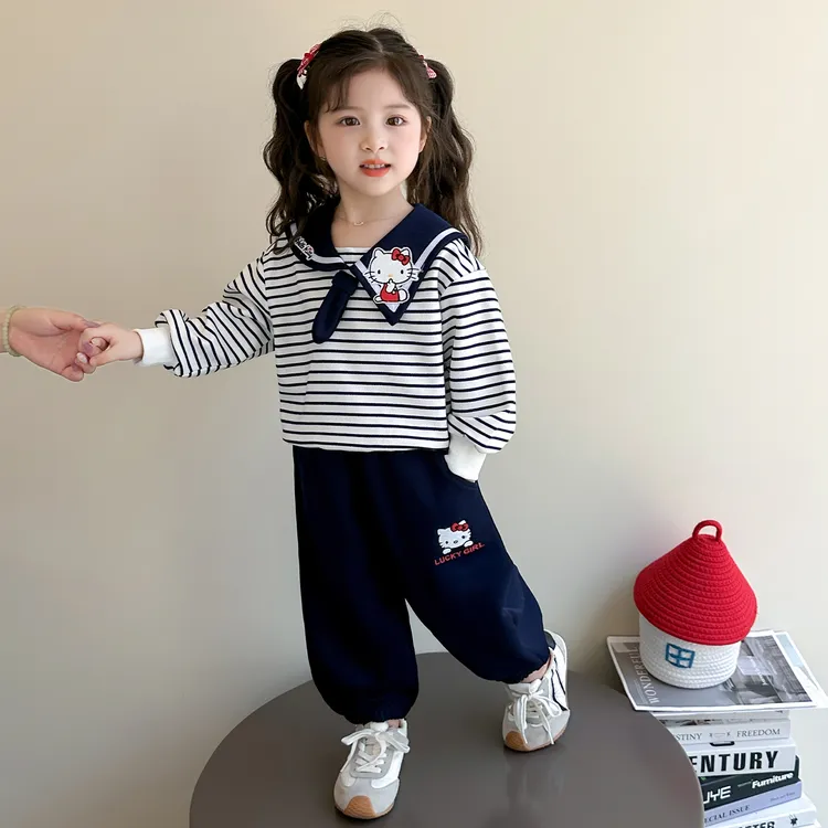 女童甜美春秋款套装2025新款儿童洋气韩版海军领绣花女宝宝两件套