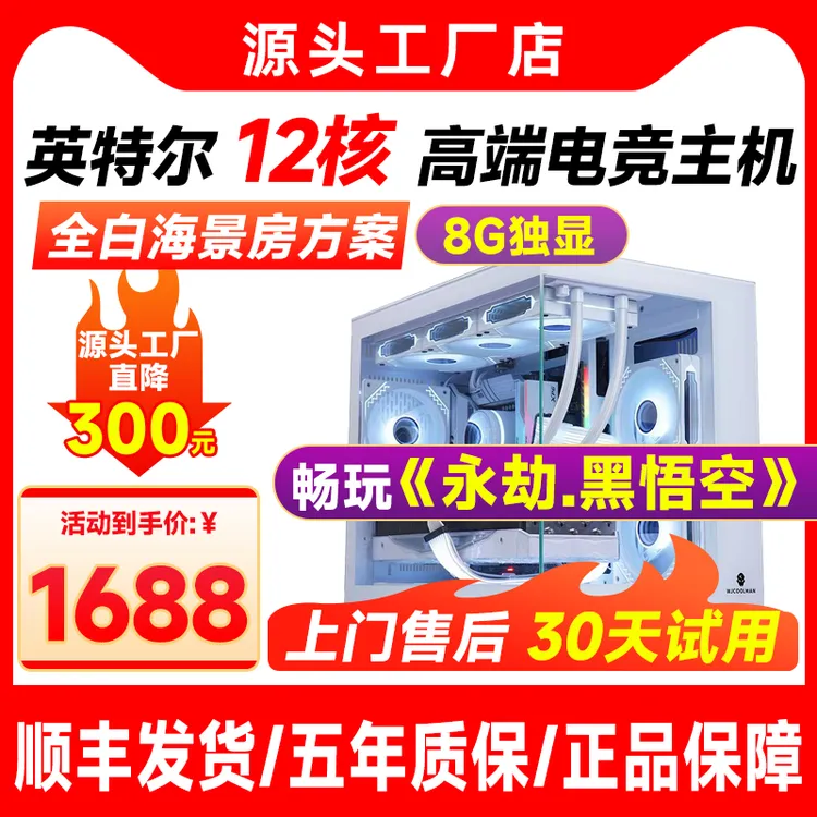 1号全白色水冷海景房台式电脑十二核32g内存8G独显电脑台式机全套