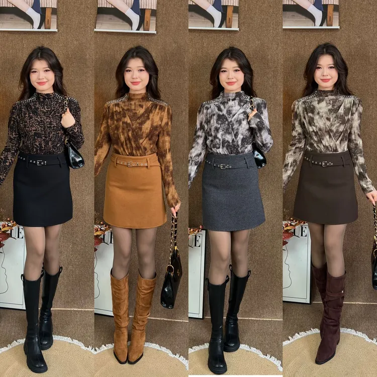 （现货）Rayhon秋冬复古豹纹粗呢高腰A字辣妹半身裙附腰带休闲百