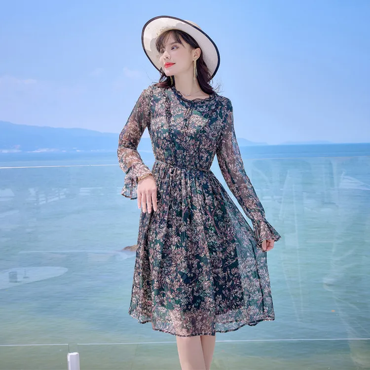 法式气质碎花连衣裙显瘦收腰优雅茶歇裙桑蚕丝真丝印花裙子中长款