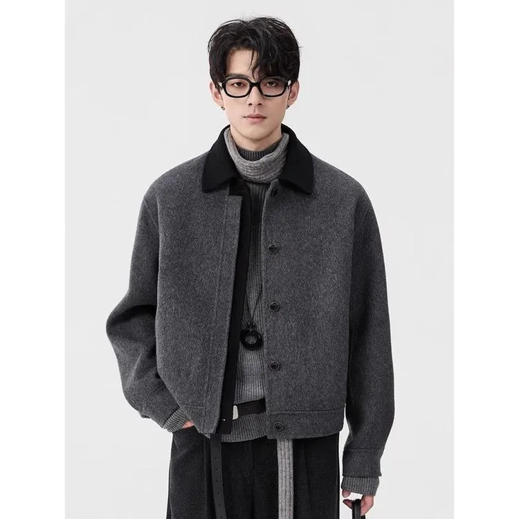 冬季高级感双面呢夹克男士潮牌翻领短款休闲拼色加厚保暖毛呢外套