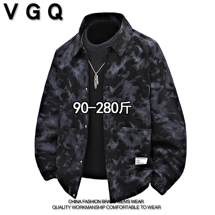 VGQ男士水墨风灯芯绒夹克秋季加肥大码外套潮流复古百搭翻领上衣