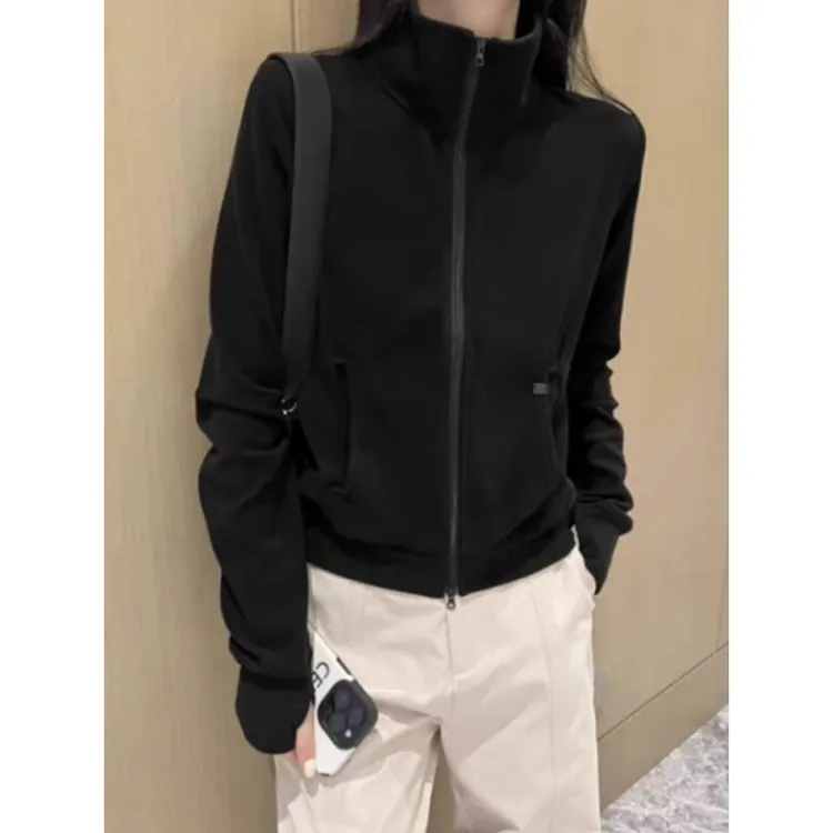 德绒卫衣女短款休闲立领外套秋季款2025新款修身百搭开衫拉链上衣