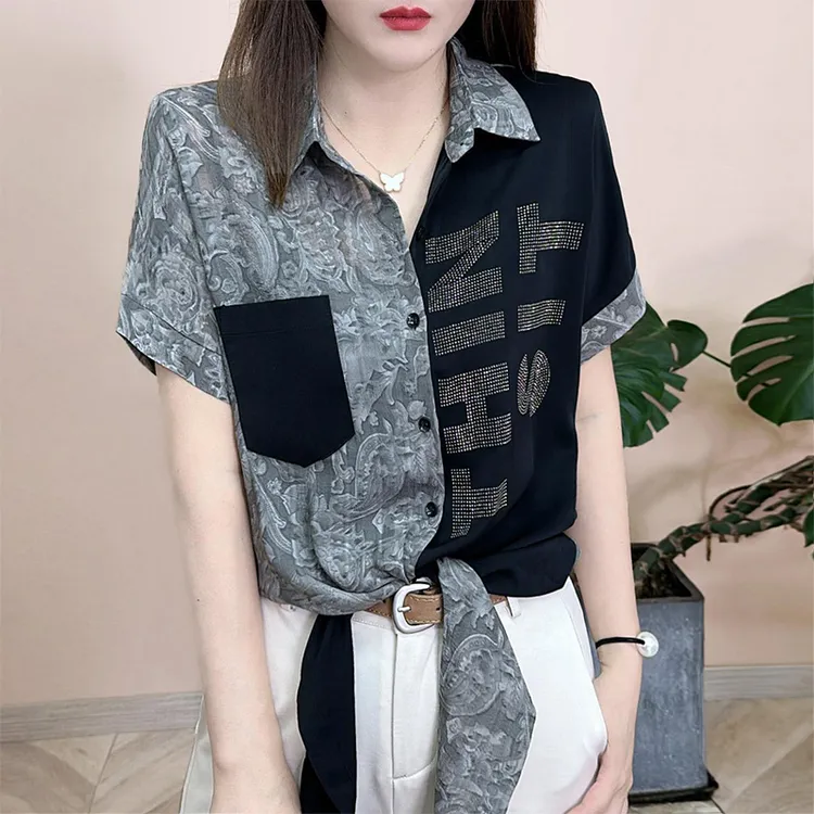 复古时尚百搭修身衬衫2025夏季显瘦个性拼接POLO领短袖上衣女士