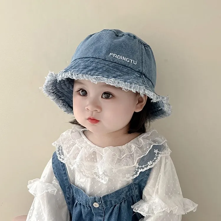 儿童渔夫帽春秋水洗牛仔毛边洋气遮阳防晒帽子男女宝宝秋冬盆帽潮