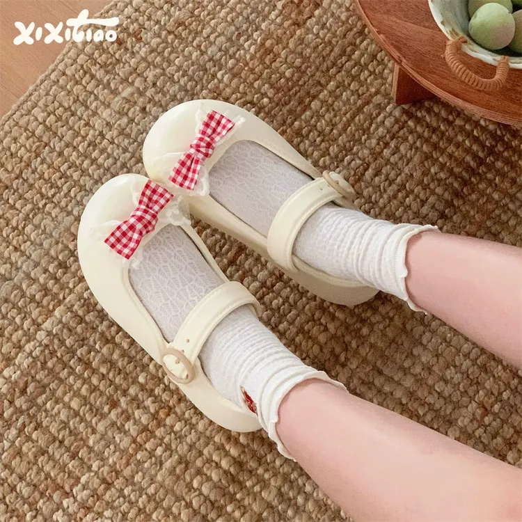 细细条 甜美格子蝴蝶结芭蕾舞单鞋凉鞋女夏软厚底度假lo玛丽珍鞋