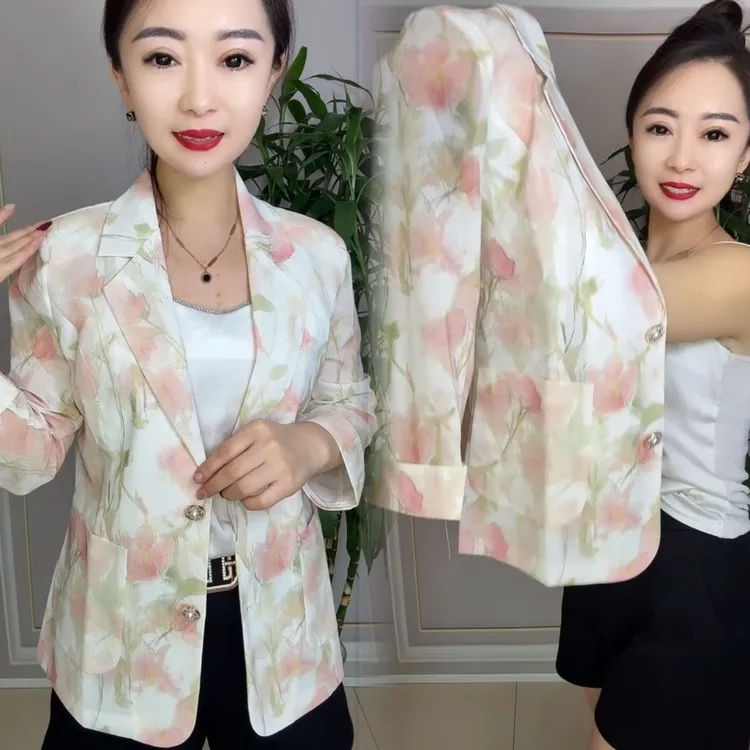 西装新款网纱夏季2025气质外套妈妈洋气时尚防晒上衣玫瑰印花西服