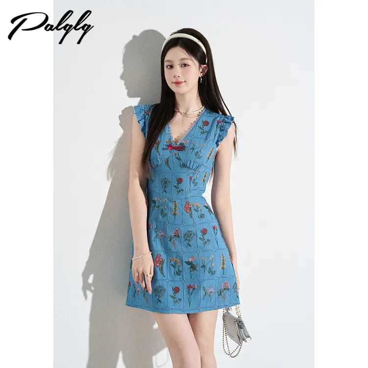 Palglg设计感复古蓝色飞飞袖v领收腰独特绝美a字裙子-52PDA43874