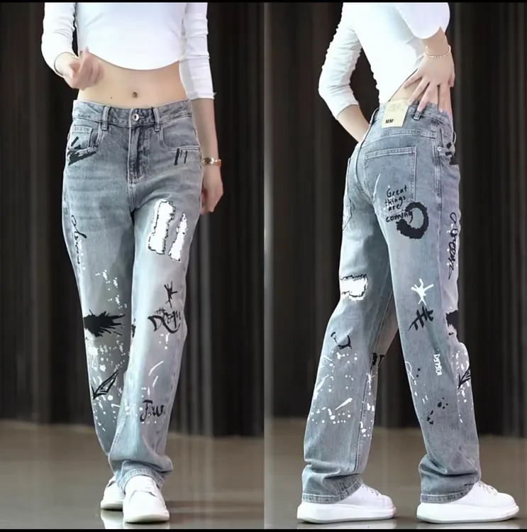 美式牛仔裤男士宽松直筒潮牌高街复古涂鸦怀旧印花时尚休闲长裤子