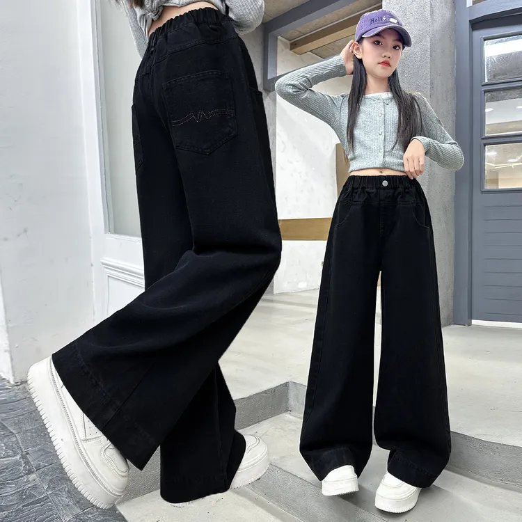 女童秋装纯色牛仔裤2025新款中大儿童韩版洋气黑色宽松直筒阔腿裤