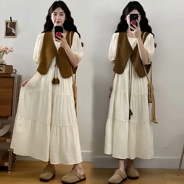 白色连衣裙套装女夏季2025法式气质减龄遮肉显瘦微胖马甲两件套女