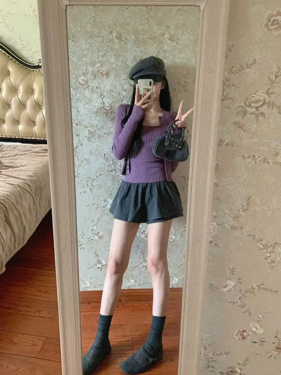 2025秋季新款韩系纯欲辣妹紫色针织开衫配吊带两件套芭蕾半身裙