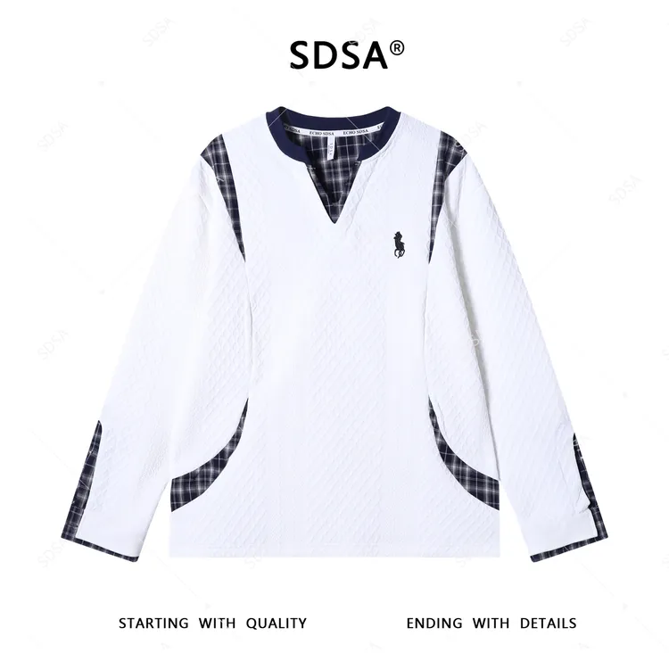 SDSA男士2025新款轻奢痞帅男装拼接菱形格刺绣标V领长袖T恤百搭
