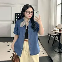 DX7416大码女装【宝藏牛仔衬衫】复古刺绣设计感夏季200斤短袖外套