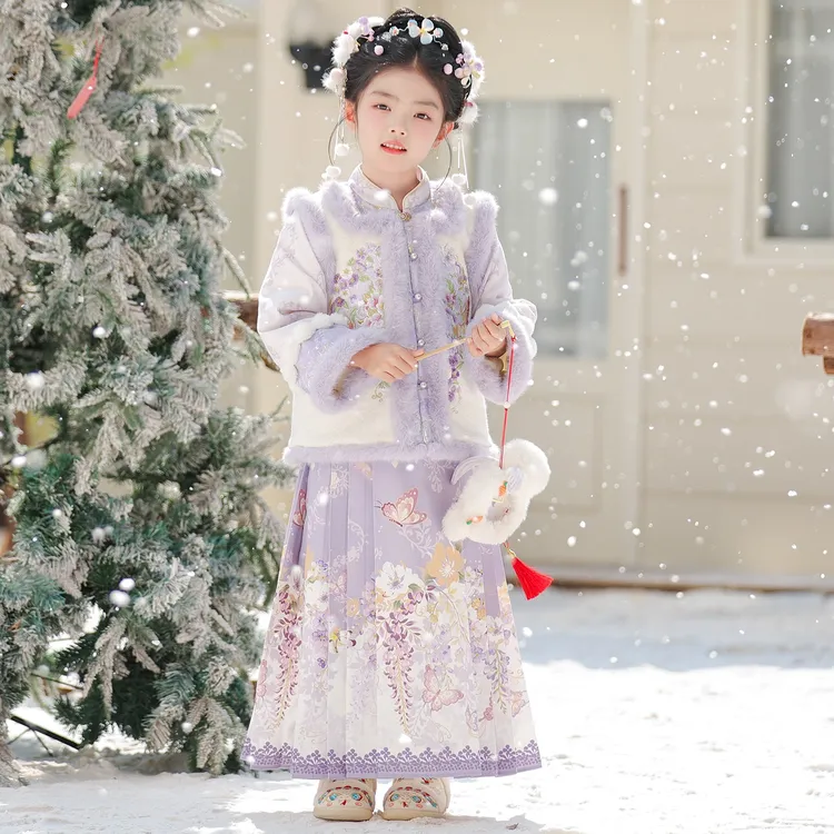 汉服女童冬装2025新款儿童拜年服古风加绒新中式冬裙小女孩过年服