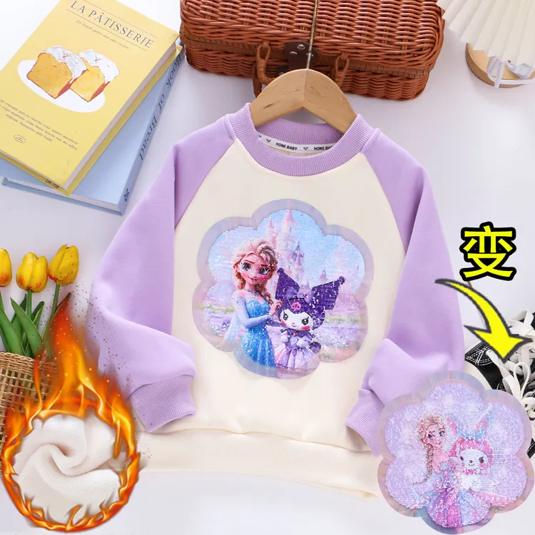 女童纯棉亮片加绒卫衣儿童圆领套头衫上衣女孩子卡通亮片衣服