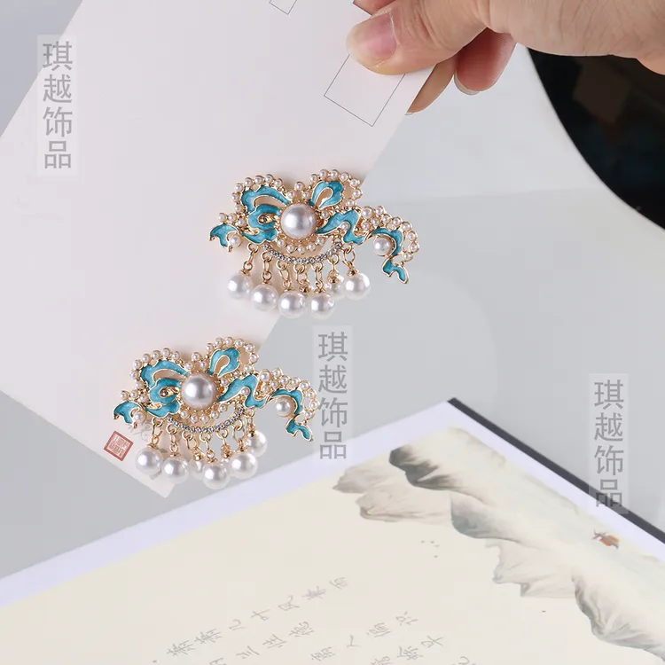 祥云烧蓝发夹中国风鸭嘴夹女边夹国风古装珍珠流苏夹子古风配饰