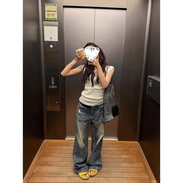 番茄妹妹Tomatosister 宽松破洞阔腿牛仔裤女夏美式直筒休闲裤子