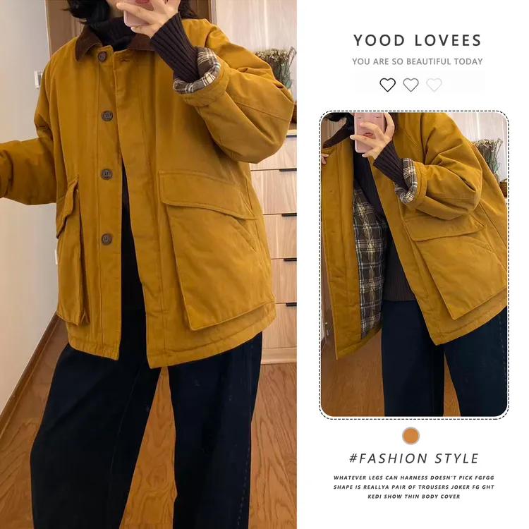 韩系复古撞色翻领外套女冬季工装巴恩风宽松休闲百搭加厚夹克上衣