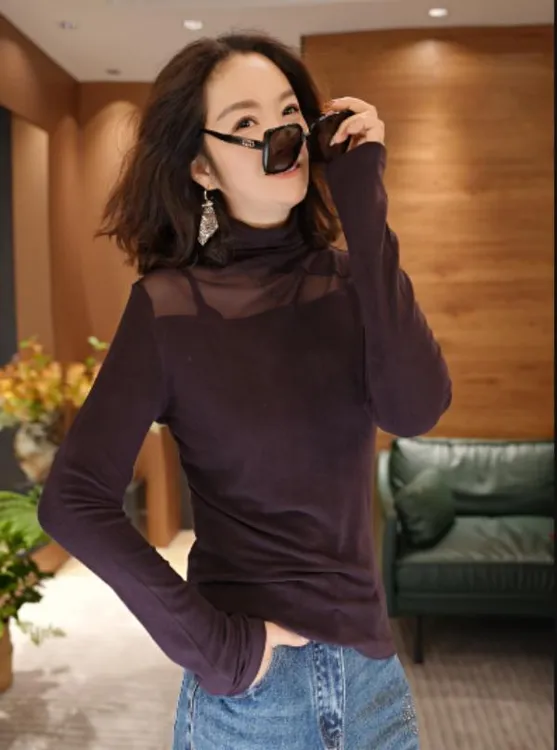 JIUER斜肩镂空微透露肩纱打底衫 百搭修身长袖T恤半高领3168