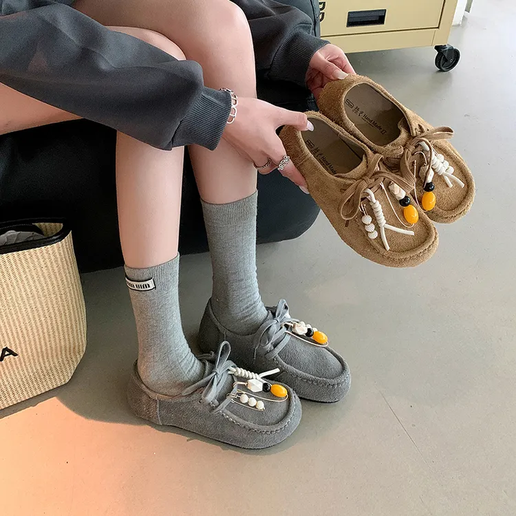 1cm/磨砂牛皮2025新款袋鼠鞋乐福鞋女复古休闲内增高豆豆鞋女鞋