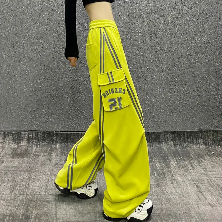 潮牌洋气拼色条纹垂感宽松弯刀裤女秋新款高腰显瘦百搭直筒香蕉裤