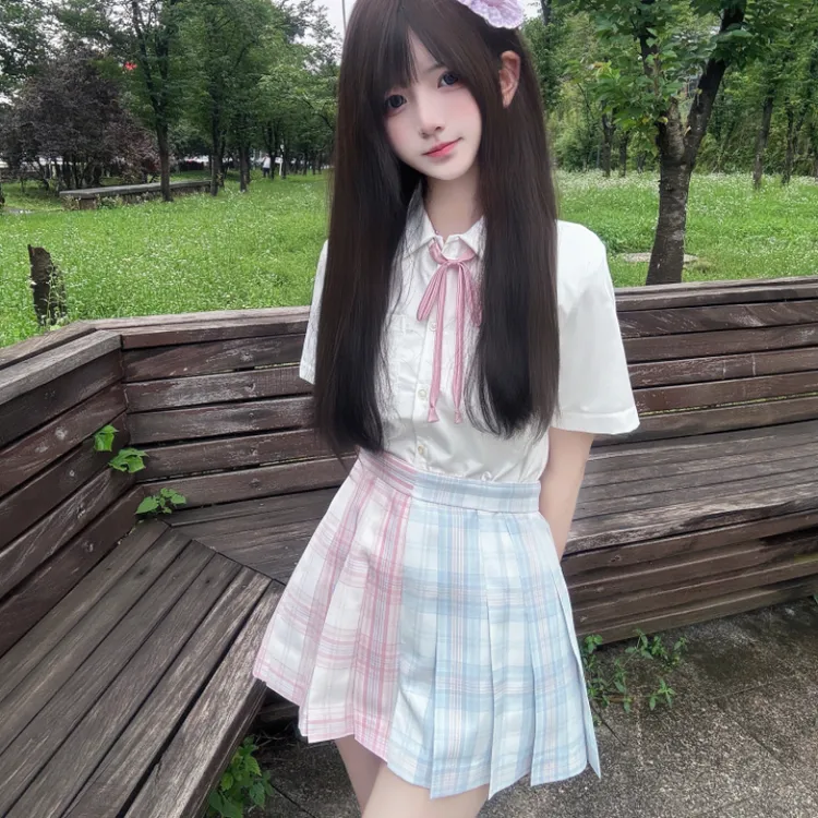 花京院原创JK【桃缘薄雨双子】显白粉蓝拼色格子学院短裙半身裙