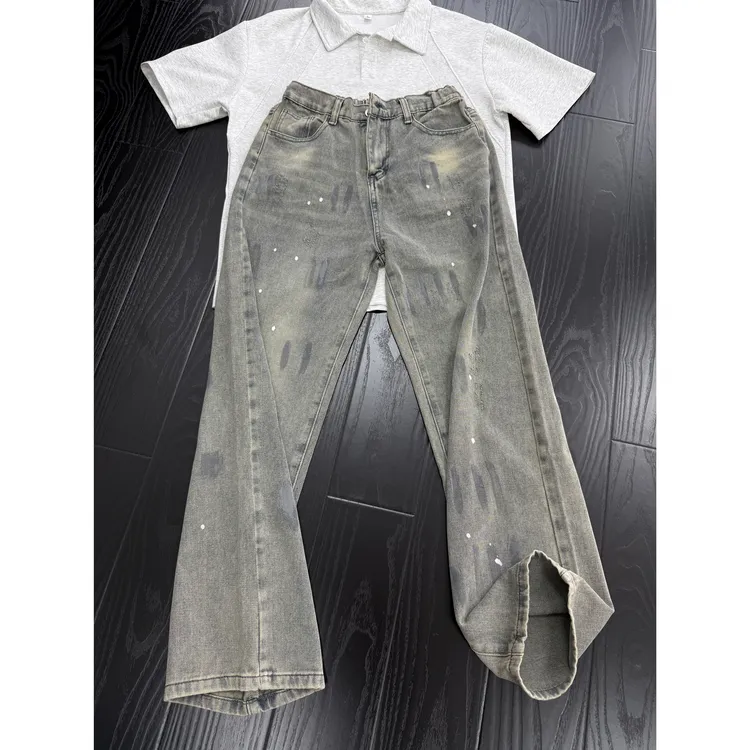 蓝灰色水洗泼墨牛仔裤男款夏季美式高街vibe裤子cleanfit直筒长裤