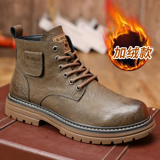 群狼·世家休闲马丁靴男士时尚百搭秋冬高帮英伦风真皮工装靴加绒