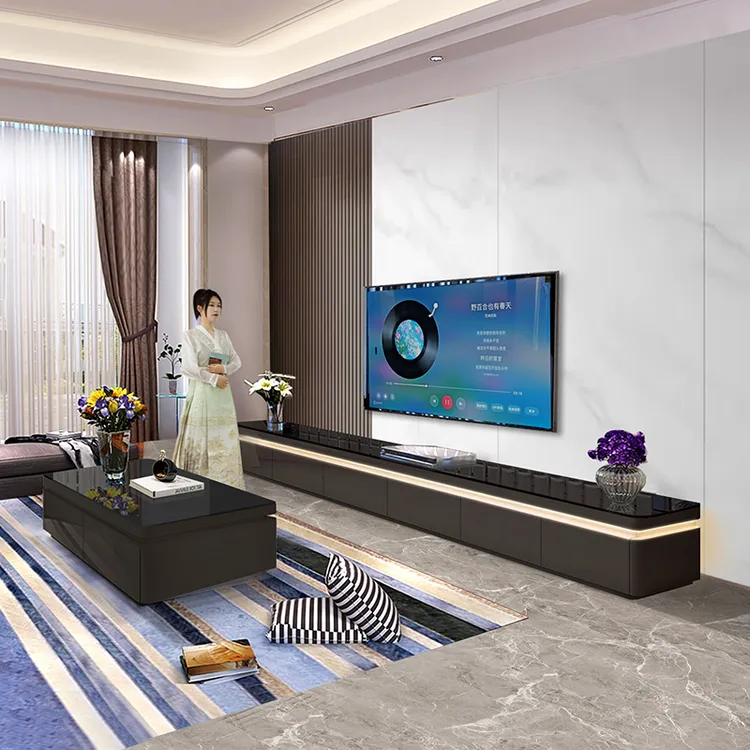 黑色电视柜现代简约轻奢高级感茶几组合客厅家用新款电视柜地台柜