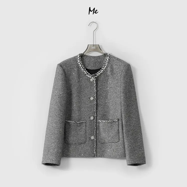 ME【MM亮钻小香】桑蚕丝醋纤绵羊毛混纺重工时尚百搭外套MESS0593